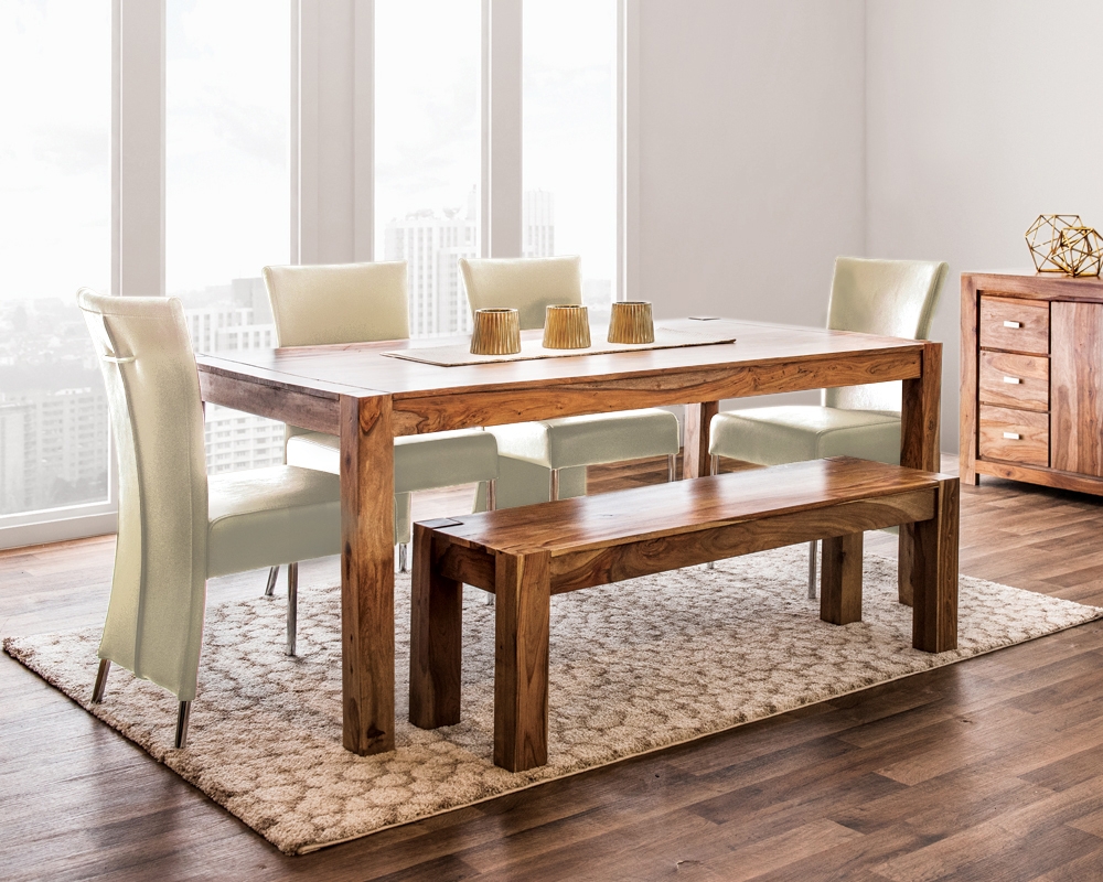 Mobilier de cuisine en bois 6mcx - Table, 4 chaises, 1 banc - Beige