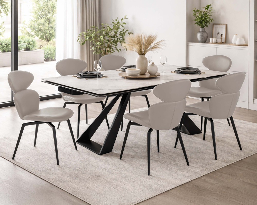 Ensemble de cuisine céramique et métal 7mcx Table, 6 chaises Beige taupe et Blanc - Beige