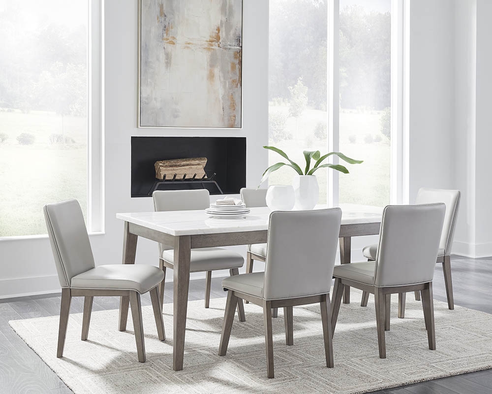 Mobilier de cuisine marbre et bois 7mcx - Table, 6 chaises - Blanc