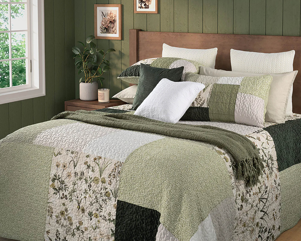 Courtepointe lit king et 2 cache-oreillers Vert sauge - Vert