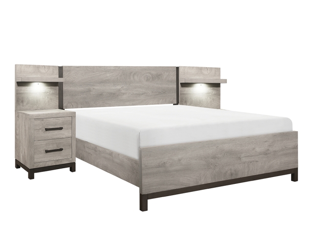 Lit en bois queen et tables de nuit avec éclairage Gris pâle - Gris