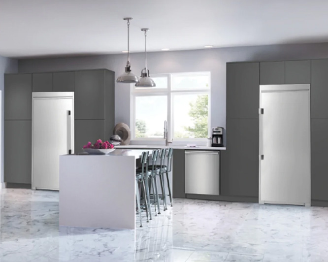 Cuisine avec un grand tout-réfrigérateur et un grand tout-congélateur