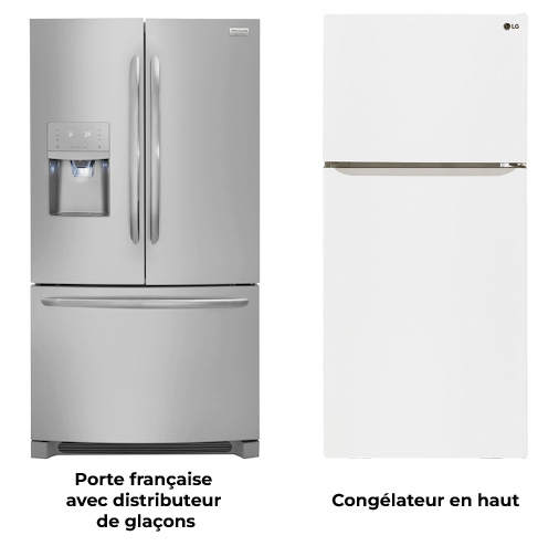 Réfrigérateur à portes françaises avec distributeur de glaçons en inox et réfrigérateur avec congélateur en haut blanc