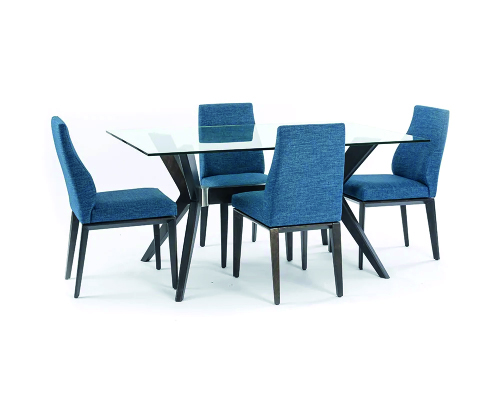 Table en verre et chaises bleues